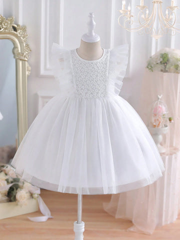 Young Girl White Floral Mesh Ruffle Tulle Princess Dress Young Girl White Floral Mesh Ruffle Tulle Princess Dress