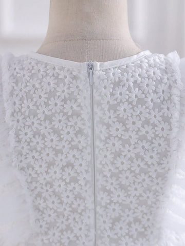 Young Girl White Floral Mesh Ruffle Tulle Princess Dress Young Girl White Floral Mesh Ruffle Tulle Princess Dress