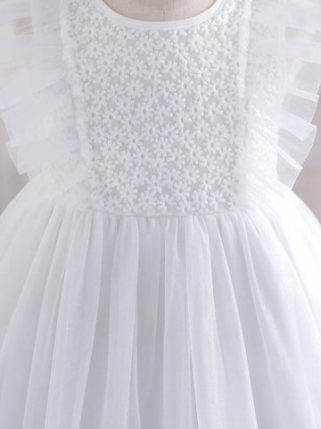 Young Girl White Floral Mesh Ruffle Tulle Princess Dress Young Girl White Floral Mesh Ruffle Tulle Princess Dress