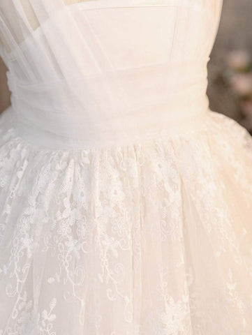 Young Girl Woven Lace Square Collar Fitted Casual Dress Young Girl Woven Lace Square Collar Fitted Casual Dress