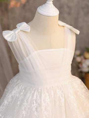 Young Girl Woven Lace Square Collar Fitted Casual Dress Young Girl Woven Lace Square Collar Fitted Casual Dress