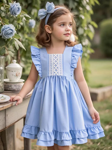 Young Girl Woven Solid Color Round Neck Ruffle Hem Fitted Dress Young Girl Woven Solid Color Round Neck Ruffle Hem Fitted Dress