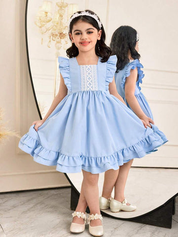 Young Girl Woven Solid Color Round Neck Ruffle Hem Fitted Dress Young Girl Woven Solid Color Round Neck Ruffle Hem Fitted Dress