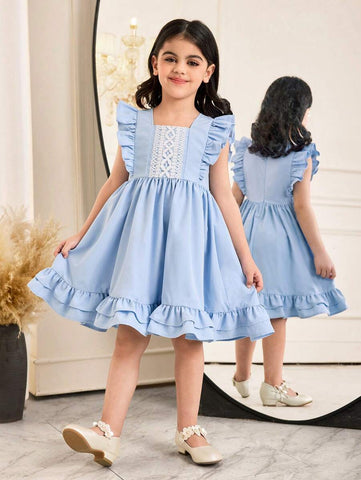 Young Girl Woven Solid Color Round Neck Ruffle Hem Fitted Dress Young Girl Woven Solid Color Round Neck Ruffle Hem Fitted Dress