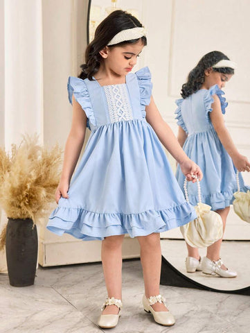 Young Girl Woven Solid Color Round Neck Ruffle Hem Fitted Dress Young Girl Woven Solid Color Round Neck Ruffle Hem Fitted Dress