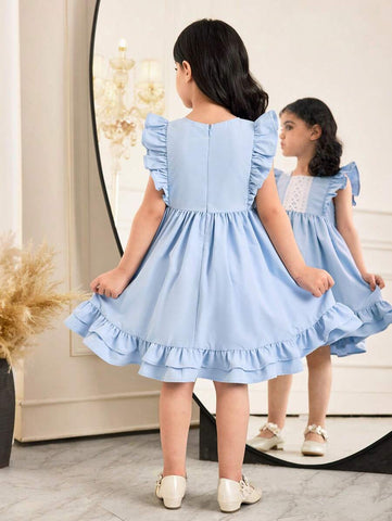 Young Girl Woven Solid Color Round Neck Ruffle Hem Fitted Dress Young Girl Woven Solid Color Round Neck Ruffle Hem Fitted Dress