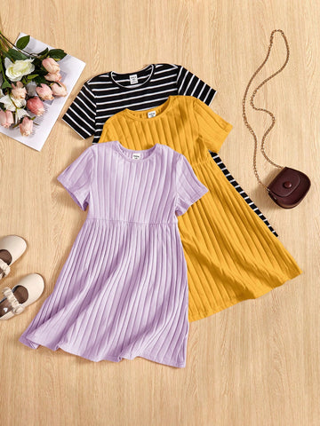 Young Girl' Casual Crew Neck Short Sleeve Multi-Piece Set Dress Young Girl' Casual Crew Neck Short Sleeve Multi-Piece Set Dress