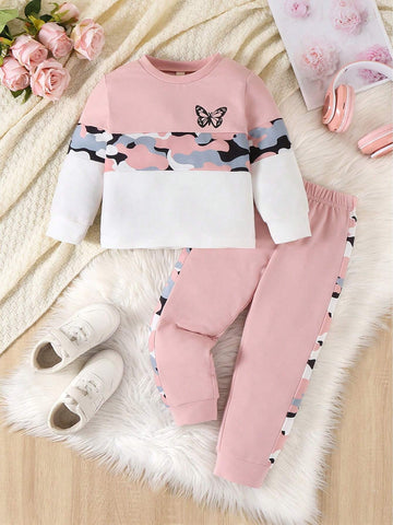 Young Girls Camo & Butterfly Pattern Crew Neck Long Sleeve Sweatshirt And Pants Set Young Girls Camo & Butterfly Pattern Crew Neck Long Sleeve Sweatshirt And Pants Set