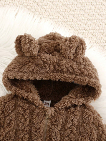 Young Girls Cute Ear Design Hooded Plush Lining Jumpsuit, Cozy & Warm For Daily Home Wear, Girls Young Girls Cute Ear Design Hooded Plush Lining Jumpsuit, Cozy & Warm For Daily Home Wear, Girls
