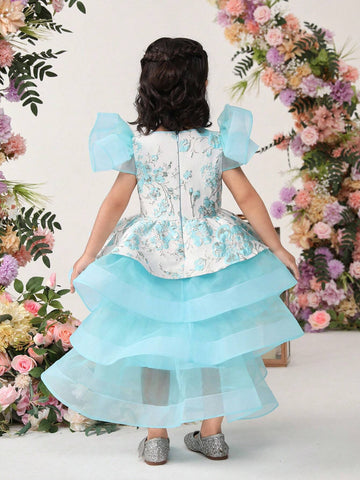 Young Girls' Cute Floral Jacquard Patchwork Organza Ruffle Layered Dress Young Girls' Cute Floral Jacquard Patchwork Organza Ruffle Layered Dress
