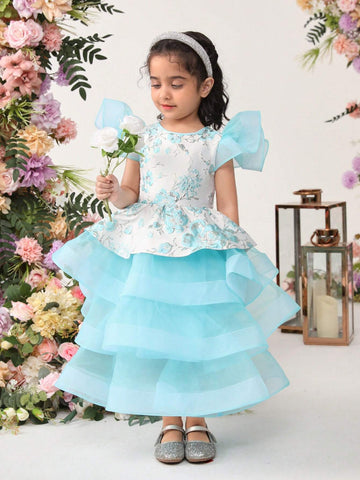 Young Girls' Cute Floral Jacquard Patchwork Organza Ruffle Layered Dress Young Girls' Cute Floral Jacquard Patchwork Organza Ruffle Layered Dress