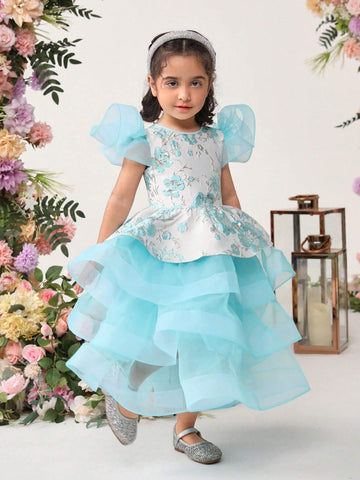 Young Girls' Cute Floral Jacquard Patchwork Organza Ruffle Layered Dress Young Girls' Cute Floral Jacquard Patchwork Organza Ruffle Layered Dress