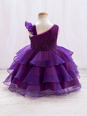 Young Girl's Cute Wedding Flower Girl Asymmetric Shoulder Pearl Sequin & Mesh Tulle Dress Young Girl's Cute Wedding Flower Girl Asymmetric Shoulder Pearl Sequin & Mesh Tulle Dress