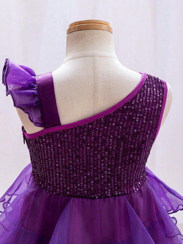 Young Girl's Cute Wedding Flower Girl Asymmetric Shoulder Pearl Sequin & Mesh Tulle Dress Young Girl's Cute Wedding Flower Girl Asymmetric Shoulder Pearl Sequin & Mesh Tulle Dress