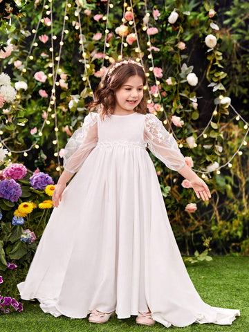 Young Girl's Elegant Mesh Lace Sleeves Inlaid With Woven Fabric, Waist Adorned With Pearl Belt Dress Young Girl's Elegant Mesh Lace Sleeves Inlaid With Woven Fabric, Waist Adorned With Pearl Belt Dress