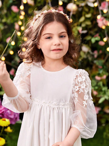 Young Girl's Elegant Mesh Lace Sleeves Inlaid With Woven Fabric, Waist Adorned With Pearl Belt Dress Young Girl's Elegant Mesh Lace Sleeves Inlaid With Woven Fabric, Waist Adorned With Pearl Belt Dress
