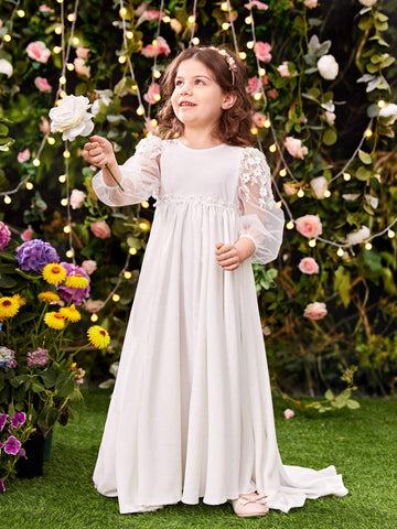Young Girl's Elegant Mesh Lace Sleeves Inlaid With Woven Fabric, Waist Adorned With Pearl Belt Dress Young Girl's Elegant Mesh Lace Sleeves Inlaid With Woven Fabric, Waist Adorned With Pearl Belt Dress