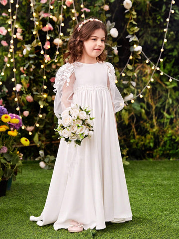 Young Girl's Elegant Mesh Lace Sleeves Inlaid With Woven Fabric, Waist Adorned With Pearl Belt Dress Young Girl's Elegant Mesh Lace Sleeves Inlaid With Woven Fabric, Waist Adorned With Pearl Belt Dress