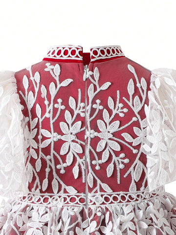 Young Girl's Elegant Vacation Colorblock Embroidered Mesh Puff Sleeve Dress Young Girl's Elegant Vacation Colorblock Embroidered Mesh Puff Sleeve Dress