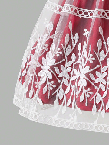 Young Girl's Elegant Vacation Colorblock Embroidered Mesh Puff Sleeve Dress Young Girl's Elegant Vacation Colorblock Embroidered Mesh Puff Sleeve Dress