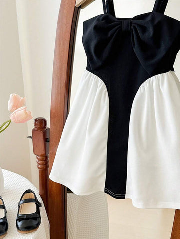 Young Girls' Fashionable Elegant Classic Black Spaghetti Strap Bow Decor Contrast Color Hem Party Dress Young Girls' Fashionable Elegant Classic Black Spaghetti Strap Bow Decor Contrast Color Hem Party Dress