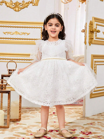 Young Girls' Gorgeous Mesh Round Neck Sheer Ruffle Hem Puff Sleeve Dress Young Girls' Gorgeous Mesh Round Neck Sheer Ruffle Hem Puff Sleeve Dress