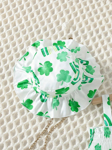 Young Girl's Holiday Style Green Clover Rainbow Pattern Fit & Shirred Cami Dress And Hairband Set, Suitable For St. Patrick's Day Summer Outfit Young Girl's Holiday Style Green Clover Rainbow Pattern Fit & Shirred Cami Dress And Hairband Set, Suitable For St. Patrick's Day Summer Outfit