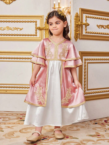 Young Girls' Lovely Color Block Patchwork Belted Tunic Dress With Ruffle Hemline And Embroidered Straps For Vacation Young Girls' Lovely Color Block Patchwork Belted Tunic Dress With Ruffle Hemline And Embroidered Straps For Vacation