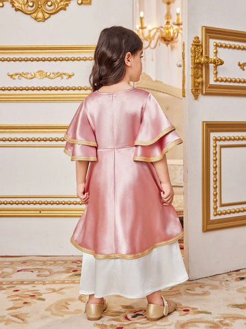 Young Girls' Lovely Color Block Patchwork Belted Tunic Dress With Ruffle Hemline And Embroidered Straps For Vacation Young Girls' Lovely Color Block Patchwork Belted Tunic Dress With Ruffle Hemline And Embroidered Straps For Vacation