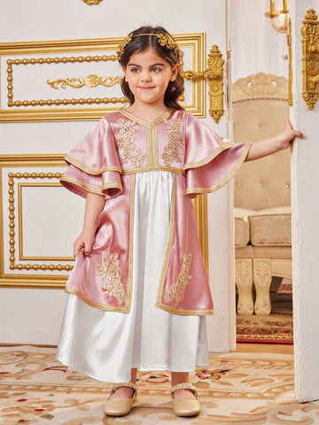 Young Girls' Lovely Color Block Patchwork Belted Tunic Dress With Ruffle Hemline And Embroidered Straps For Vacation Young Girls' Lovely Color Block Patchwork Belted Tunic Dress With Ruffle Hemline And Embroidered Straps For Vacation