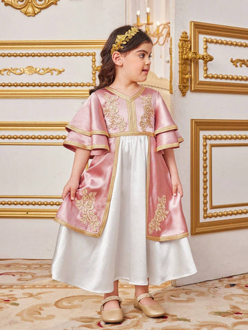 Young Girls' Lovely Color Block Patchwork Belted Tunic Dress With Ruffle Hemline And Embroidered Straps For Vacation Young Girls' Lovely Color Block Patchwork Belted Tunic Dress With Ruffle Hemline And Embroidered Straps For Vacation