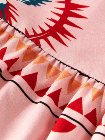 Young Girls Woven Casual Dress With Cute Graffiti Print Young Girls Woven Casual Dress With Cute Graffiti Print