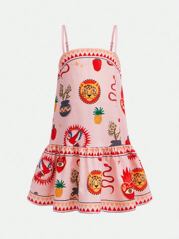 Young Girls Woven Casual Dress With Cute Graffiti Print Young Girls Woven Casual Dress With Cute Graffiti Print