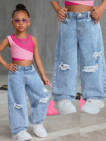 Young Girls Y2K Casual Distressed Loose Wide-Leg Denim Jeans,Street Cool Style Denim Pants, Girl Fall And Winter Clothes Young Girls Y2K Casual Distressed Loose Wide-Leg Denim Jeans,Street Cool Style Denim Pants, Girl Fall And Winter Clothes