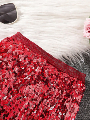 Young Girls & Toddler Girls Elegant Ombre Sequin Decorative Midi Skirt, Suitable For Party Occasions Young Girls & Toddler Girls Elegant Ombre Sequin Decorative Midi Skirt, Suitable For Party Occasions