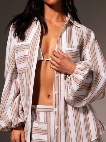 Women Cotton Stripe Pocket Detail Shirt, Women Cotton Stripe Pocket Detail Shirt,