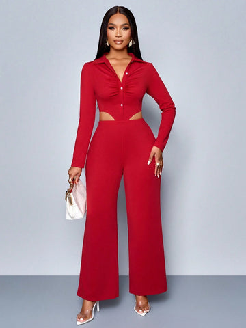 SOLERSUN Winter Clothes For Women Ladies Elegant Ruched,Spring/Summer,Casual Daily Wear Burgundy Red V-Neck Waist-Revealing Button-Front Shirt Jumpsuits, SOLERSUN Winter Clothes For Women Ladies Elegant Ruched,Spring/Summer,Casual Daily Wear Burgundy Red V-Neck Waist-Revealing Button-Front Shirt Jumpsuits,