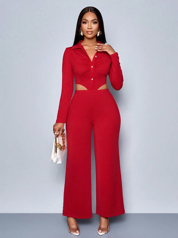 SOLERSUN Winter Clothes For Women Ladies Elegant Ruched,Spring/Summer,Casual Daily Wear Burgundy Red V-Neck Waist-Revealing Button-Front Shirt Jumpsuits, SOLERSUN Winter Clothes For Women Ladies Elegant Ruched,Spring/Summer,Casual Daily Wear Burgundy Red V-Neck Waist-Revealing Button-Front Shirt Jumpsuits,