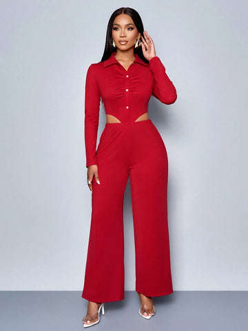 SOLERSUN Winter Clothes For Women Ladies Elegant Ruched,Spring/Summer,Casual Daily Wear Burgundy Red V-Neck Waist-Revealing Button-Front Shirt Jumpsuits, SOLERSUN Winter Clothes For Women Ladies Elegant Ruched,Spring/Summer,Casual Daily Wear Burgundy Red V-Neck Waist-Revealing Button-Front Shirt Jumpsuits,