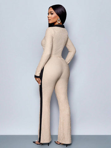 SOLERSUN Women's Casual Color Block Polo Collar Long Sleeve T-Shirt & Flared Pants Women's 2pcs Set SOLERSUN Women's Casual Color Block Polo Collar Long Sleeve T-Shirt & Flared Pants Women's 2pcs Set