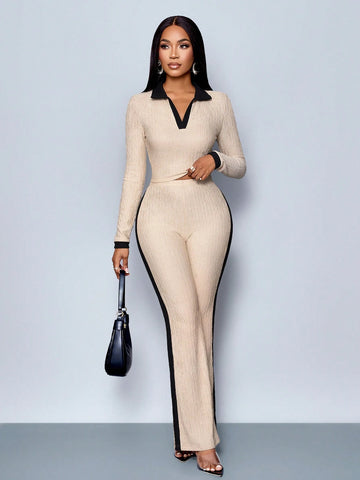 SOLERSUN Women's Casual Color Block Polo Collar Long Sleeve T-Shirt & Flared Pants Women's 2pcs Set SOLERSUN Women's Casual Color Block Polo Collar Long Sleeve T-Shirt & Flared Pants Women's 2pcs Set
