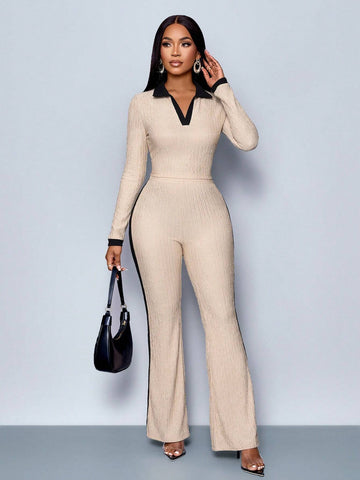 SOLERSUN Women's Casual Color Block Polo Collar Long Sleeve T-Shirt & Flared Pants Women's 2pcs Set SOLERSUN Women's Casual Color Block Polo Collar Long Sleeve T-Shirt & Flared Pants Women's 2pcs Set