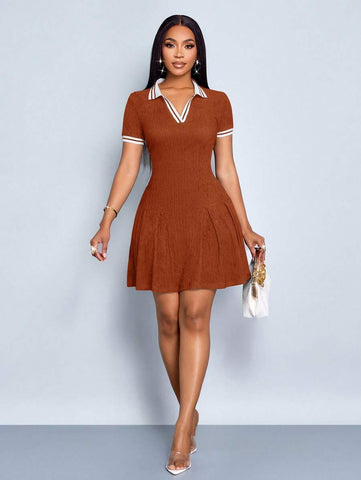 SOLERSUN Women's Elegant And Fashionable Lapel Short Sleeve Dress With Pleated Hem SOLERSUN Women's Elegant And Fashionable Lapel Short Sleeve Dress With Pleated Hem