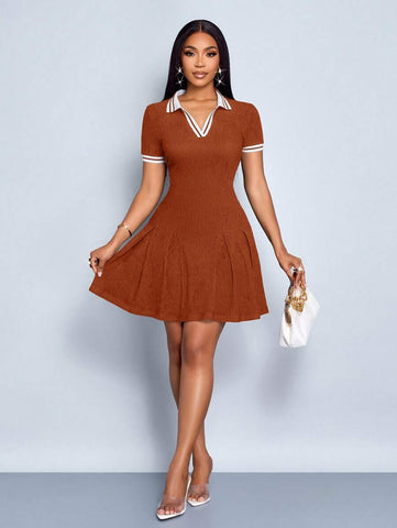 SOLERSUN Women's Elegant And Fashionable Lapel Short Sleeve Dress With Pleated Hem SOLERSUN Women's Elegant And Fashionable Lapel Short Sleeve Dress With Pleated Hem