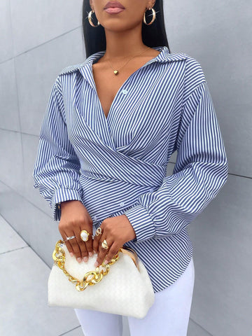 Women's Striped Print Button Front Shirt,Asymmetrical Hem ,Batwing Sleeve,Wrap Blouse,F Women's Striped Print Button Front Shirt,Asymmetrical Hem ,Batwing Sleeve,Wrap Blouse,F