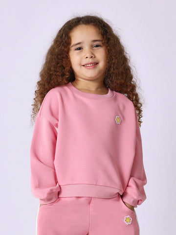 Young Girls Comfy Crew Neck Colour Block Sweatshirt With Small Embroidered Sunflower Young Girls Comfy Crew Neck Colour Block Sweatshirt With Small Embroidered Sunflower