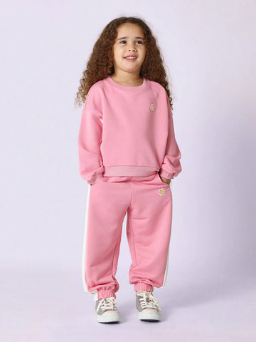 Young Girls Comfy Crew Neck Colour Block Sweatshirt With Small Embroidered Sunflower Young Girls Comfy Crew Neck Colour Block Sweatshirt With Small Embroidered Sunflower