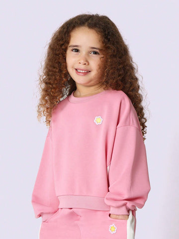 Young Girls Comfy Crew Neck Colour Block Sweatshirt With Small Embroidered Sunflower Young Girls Comfy Crew Neck Colour Block Sweatshirt With Small Embroidered Sunflower