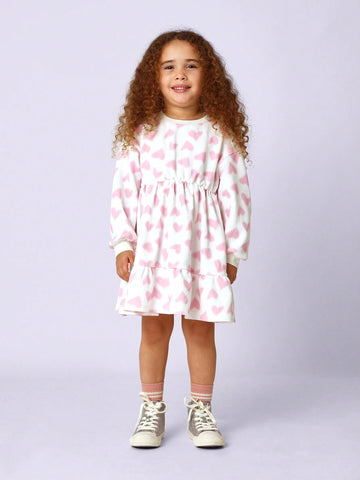 Young Girls Comfy Love Heart Printed Crinkle Dress Young Girls Comfy Love Heart Printed Crinkle Dress
