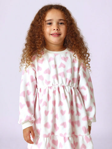 Young Girls Comfy Love Heart Printed Crinkle Dress Young Girls Comfy Love Heart Printed Crinkle Dress